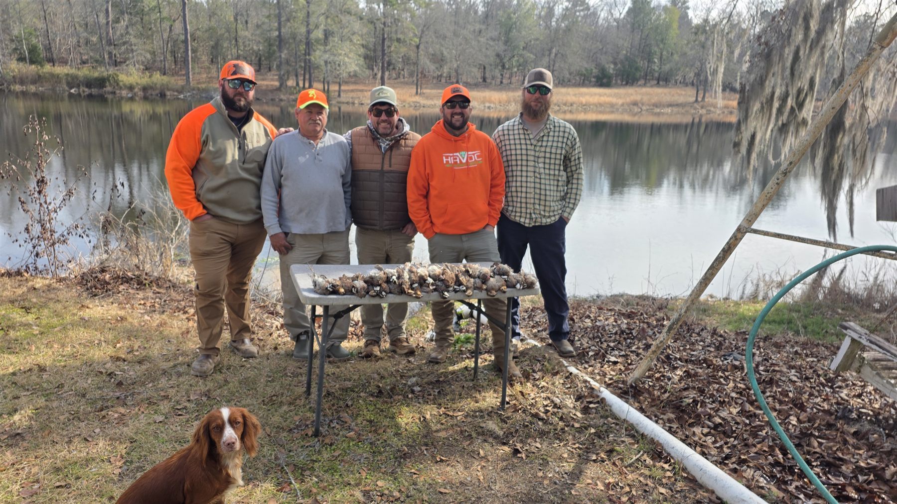 A hunting party with their birds by the pond